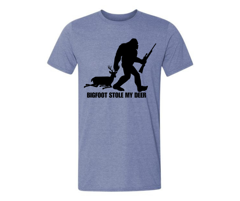 T-Shirt: T113B - Bigfoot Stole My Deer (H. Indigo)
