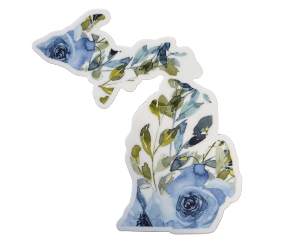 P7: Michigan Map Blue Flowers Decal