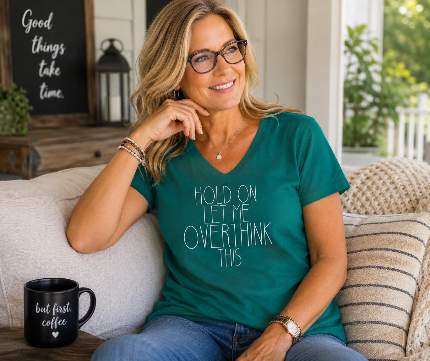 V-Neck: V11 - Womans fit Hold On, Let Me Overthink This (Alpine Green)
