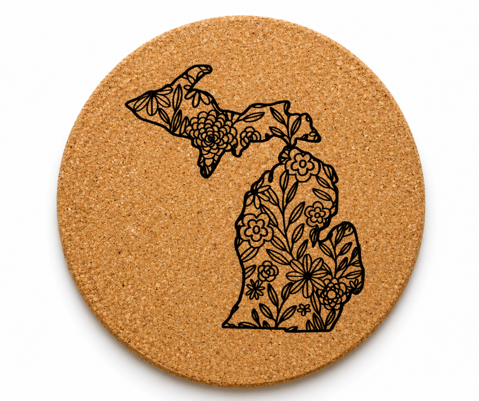CC-G: Michigan Map Flowers Cork Coaster