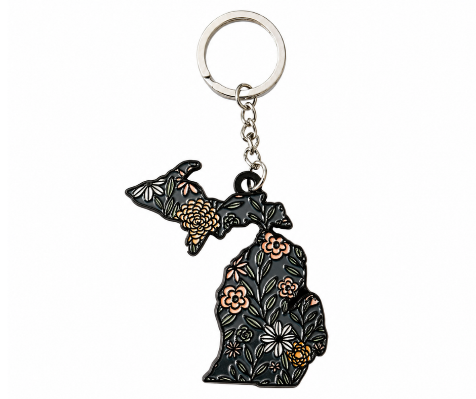 K1: Michigan Map Flowers Keychain