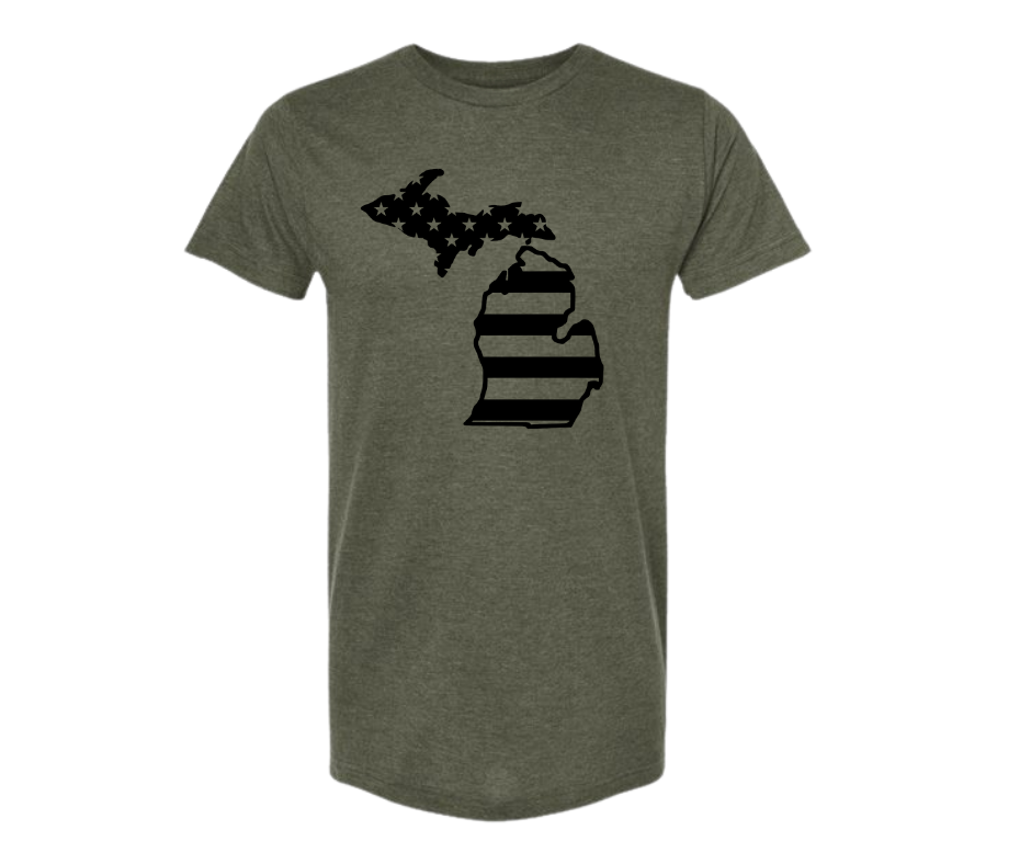 T-Shirt: T24A- Michigan American Flag (H. Military Green)