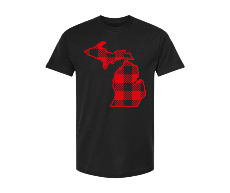 T-Shirt: Michigan Map Buffalo Plaid (Black)
