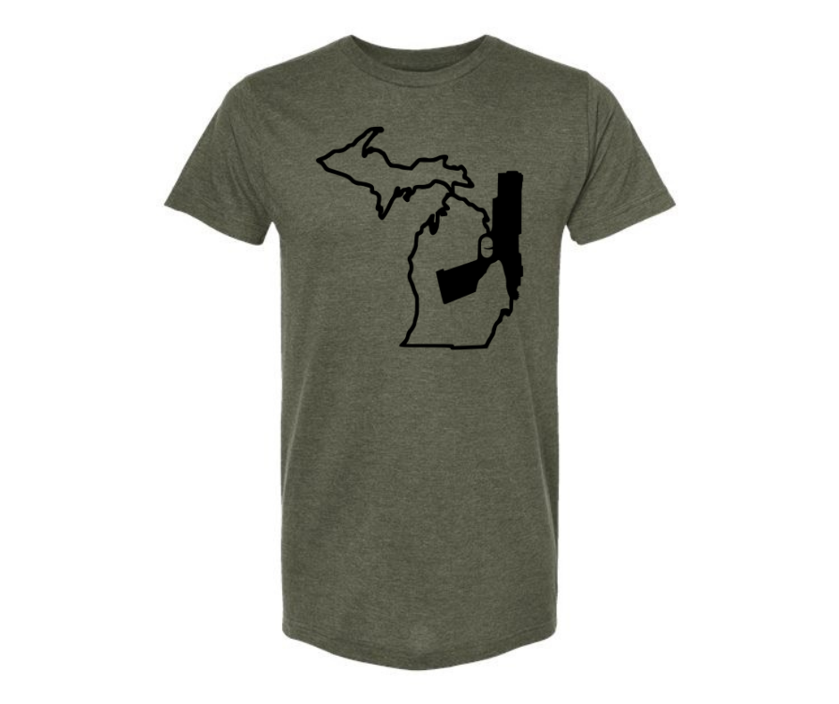 T-Shirt: Michigan Map Pistol (H. Military Green)