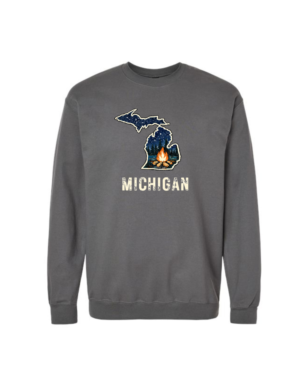 Crewneck: Michigan Map Campfire (Charcoal Grey)