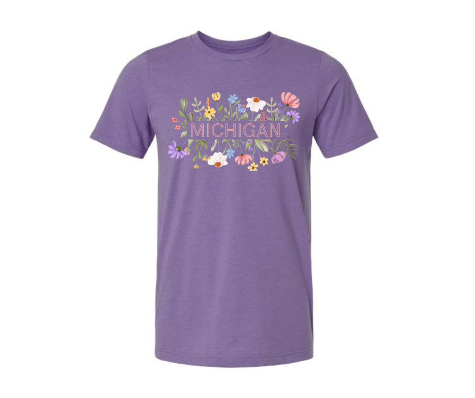 T-Shirt: Michigan Flowers Text (H. Purple)