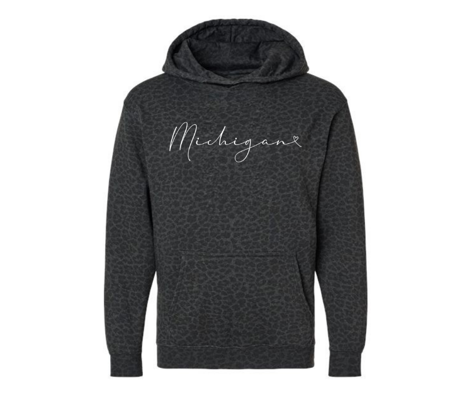 Hoodies: Michigan Script (Black Leopard)