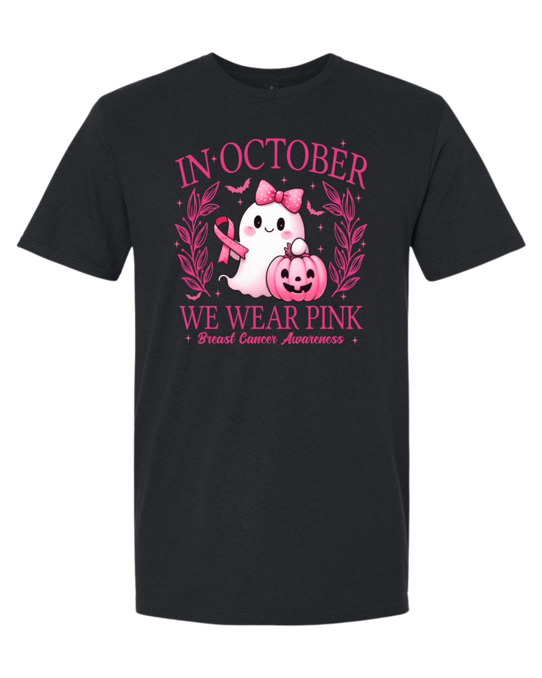 T-Shirt: In October Ghost Pink Bow (Black)