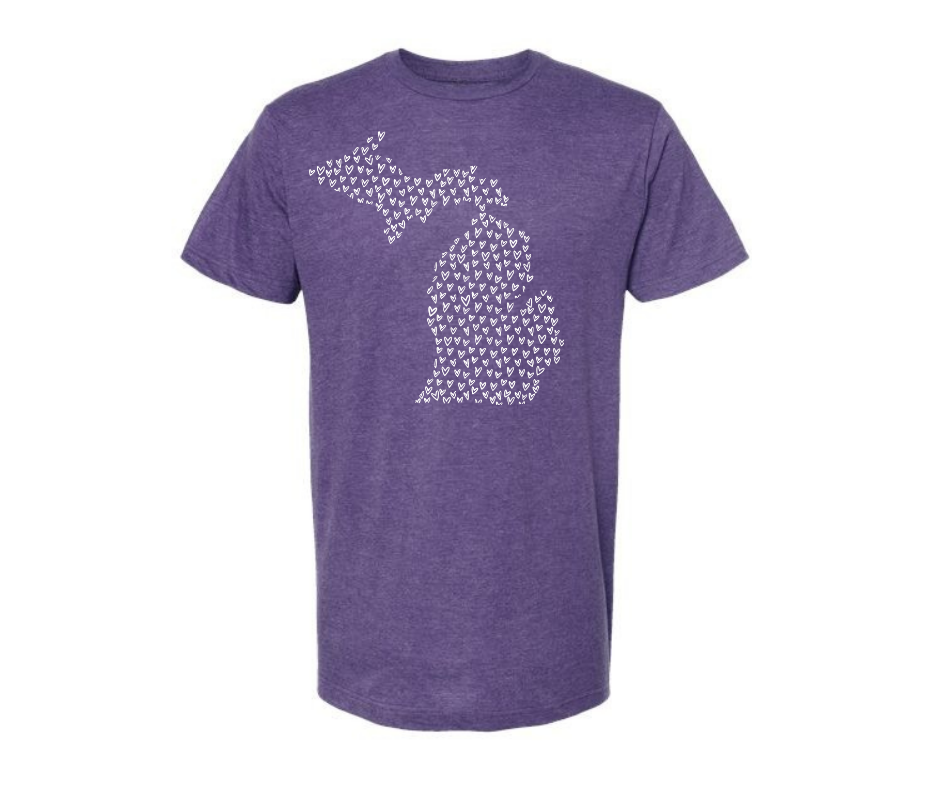 T-Shirt: Michigan Map Hearts (H. Purple)