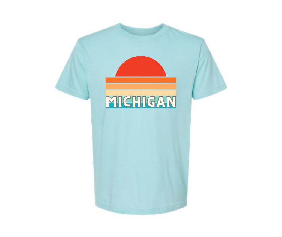 T-Shirt: Michigan Retro Sunset (H. Purist Blue)