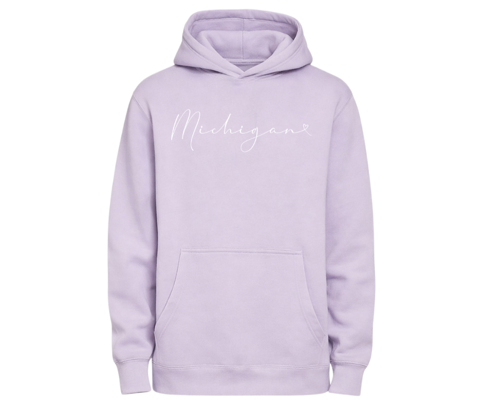 Hoodies: Michigan Script (Lilac)