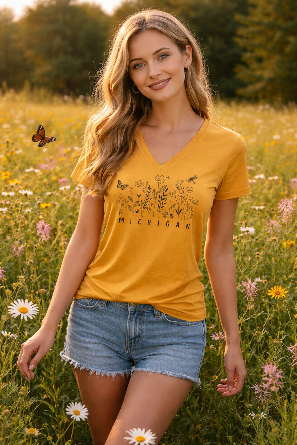 V-Neck: V8B - Michigan Wildflowers (Heather Mustard) Woman's Fit