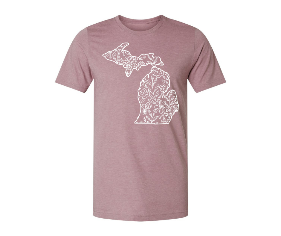 T-Shirt: T96B- Michigan White Flowers (H. Orchid)