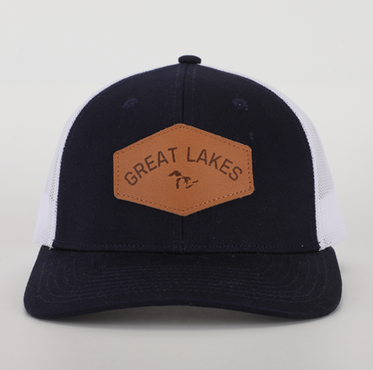 Snapback Hat: Great Lakes Leather Patch- Navy/White