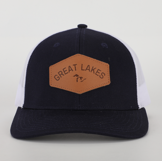 Snapback Hat: Great Lakes Leather Patch- Navy/White