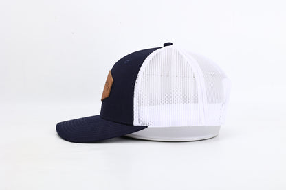Snapback Hat: Great Lakes Leather Patch- Navy/White
