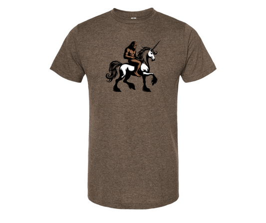 T-Shirt: T86 - Bigfoot Riding a Unicorn (H. Brown)
