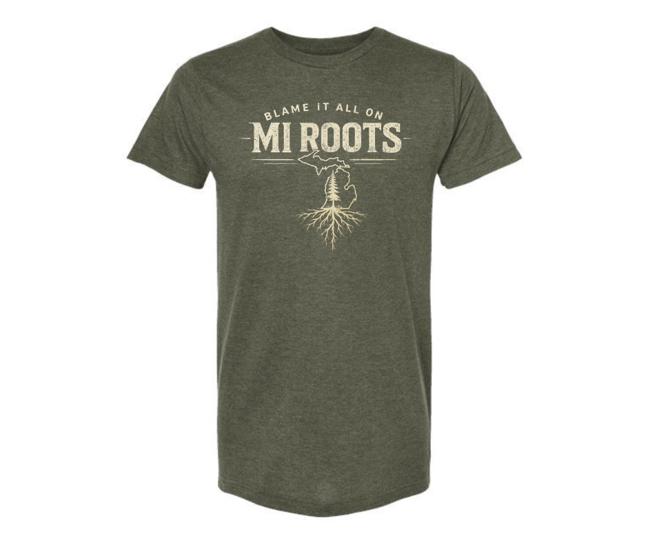 T-Shirt: 137 - Blame it all on MI Roots (H. Olive Green)