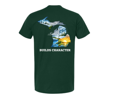 T-Shirt: Michigan, Builds Character (Forest Green)
