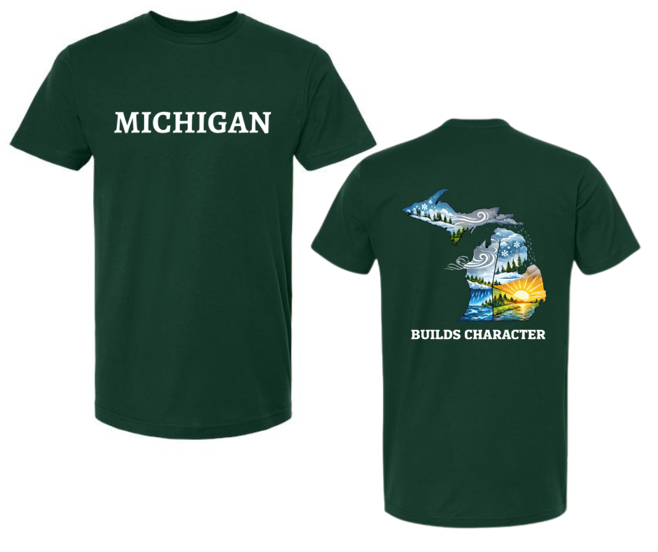 T-Shirt: Michigan, Builds Character (Forest Green)