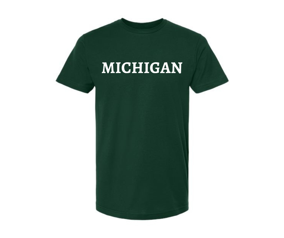 T-Shirt: Michigan, Builds Character (Forest Green)