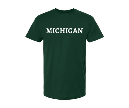 T-Shirt: Michigan, Builds Character (Forest Green)