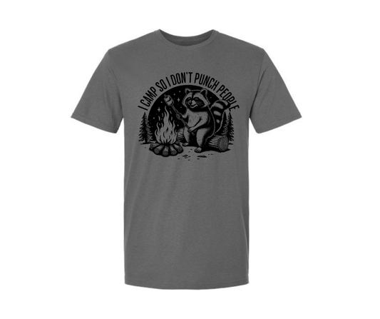 T-Shirt: T128 - I Camp so I Don't Punch People Raccoon (Charcoal)