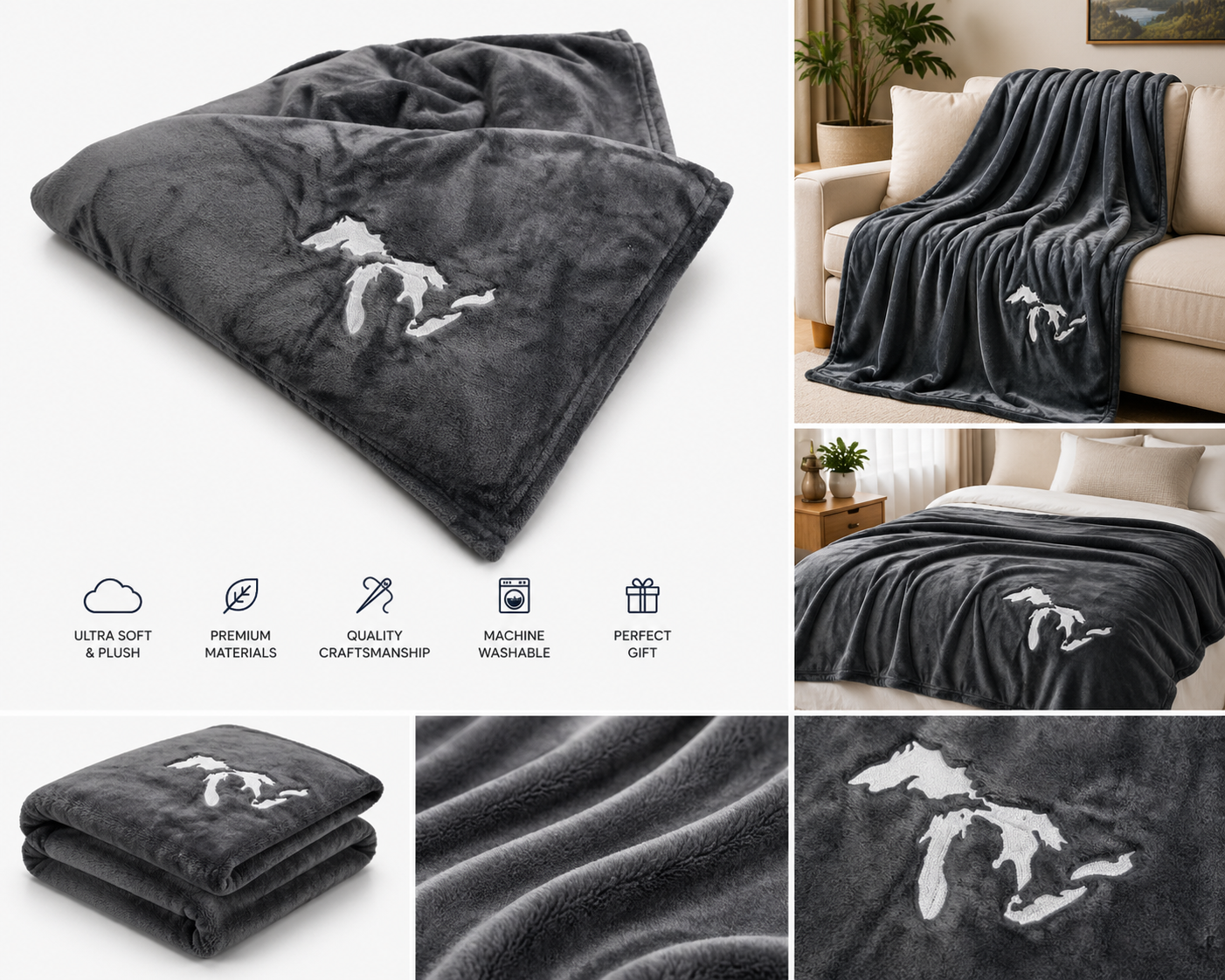 B1: Michigan Great Lakes Embroidered Blanket - Grey