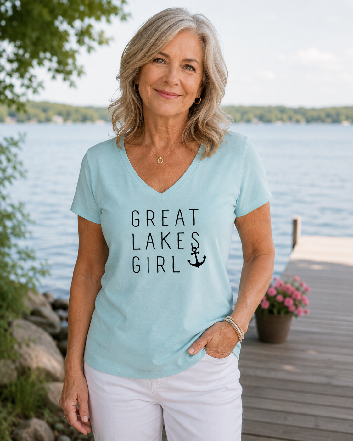 T-Shirt: Vneck-Womans Relaxed Fit- Great Lakes Girl