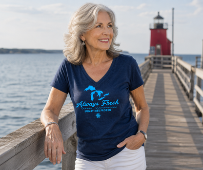 V-Neck: V4 - Always Fresh Sometimes Frozen (Heather Navy)