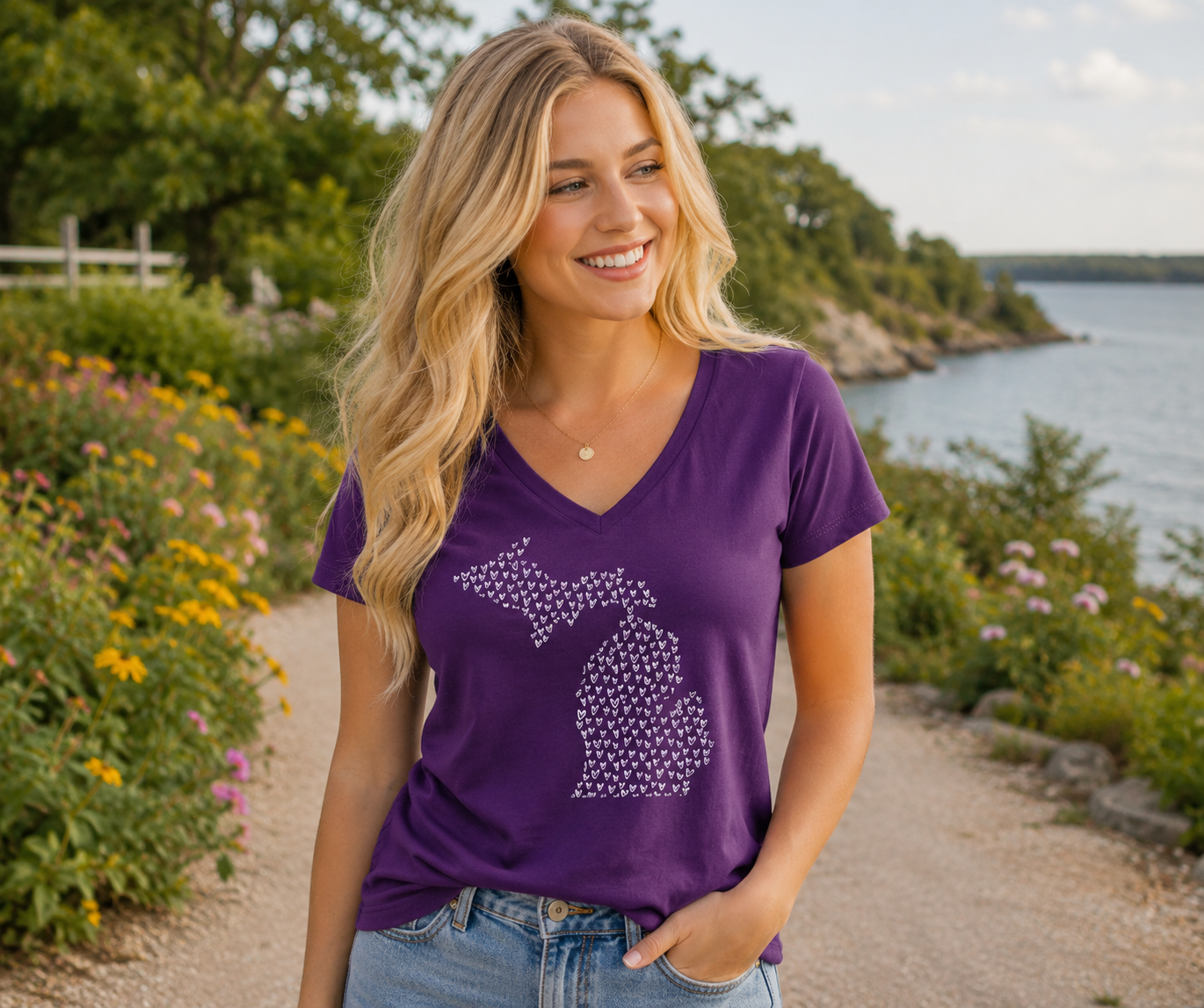 V-Neck: V1 - Michigan Map Hearts (Purple)