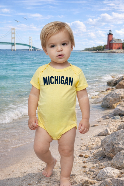 Youth Onesie: Michigan Navy Arch - Butter