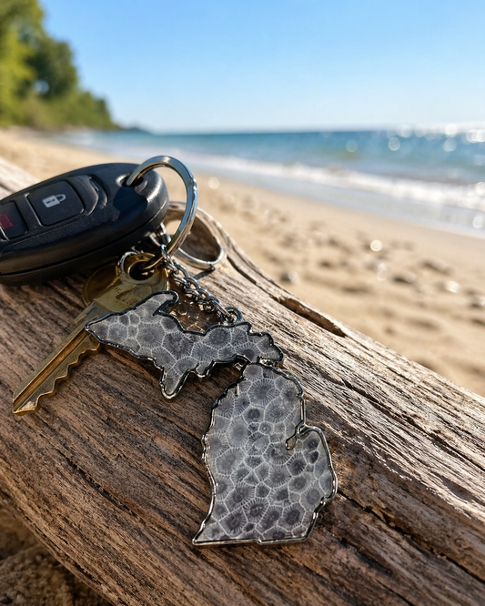 K8: Michigan Map American Petoskey Stone Keychain