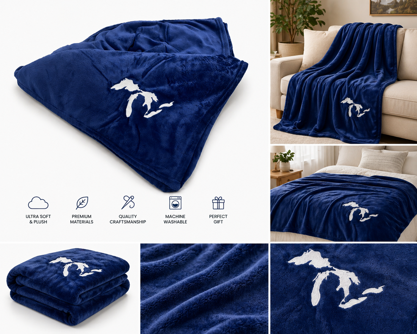 B2: Michigan Great Lakes Embroidered Blanket - Navy