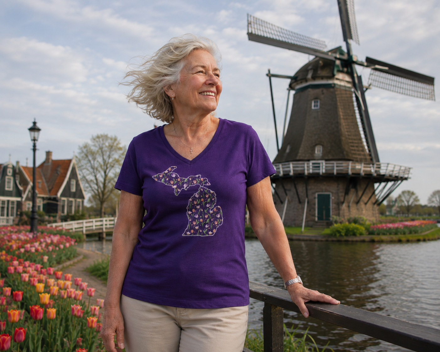 V-Neck: V15 - Michigan Map Tulips (Purple) Woman's Fit