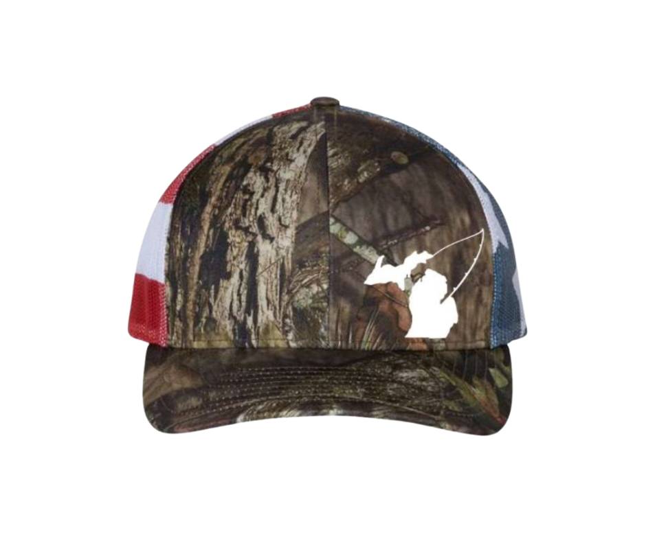 Snapback Hat: Michigan Map Fishing- Camo/Flag