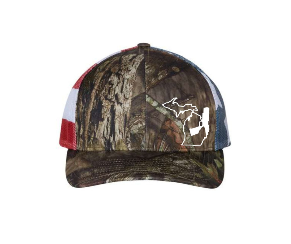 Snapback Hat: Michigan Map Sidearm- Camo/Flag