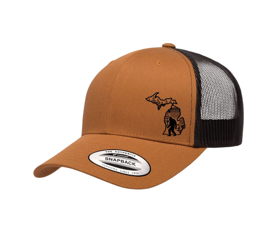 Snapback Hat: Bigfoot in the woods Michigan Map- Caramel/Black