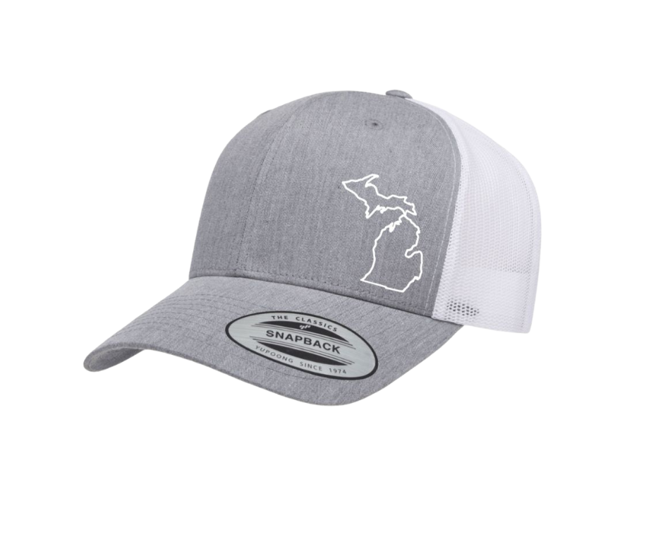 Snapback Hat: Michigan Map Outline- Gray/White