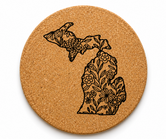 CC-G: Michigan Map Flowers Cork Coaster