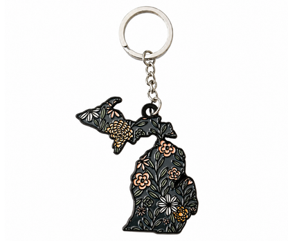 K1: Michigan Map Flowers Keychain