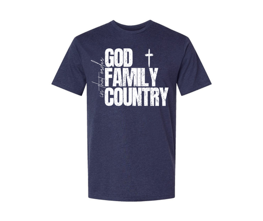 T-Shirt: T127 - God. Family. Country. (Navy Mist)