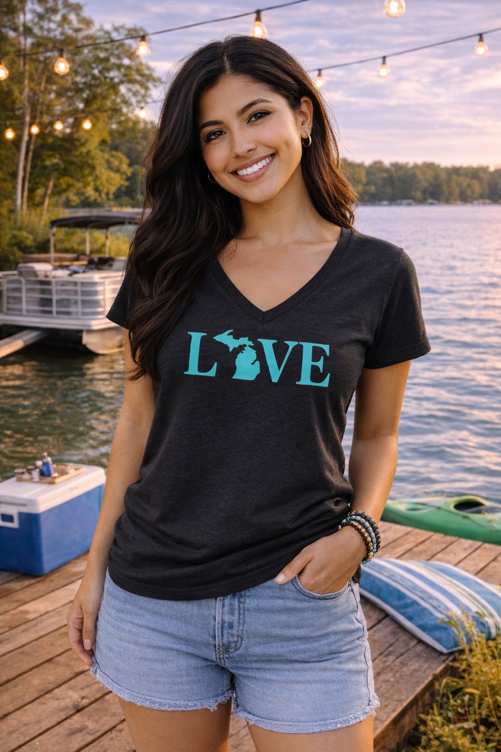 V-Neck: V6 - Michigan Mint Love Text (Black Heather)