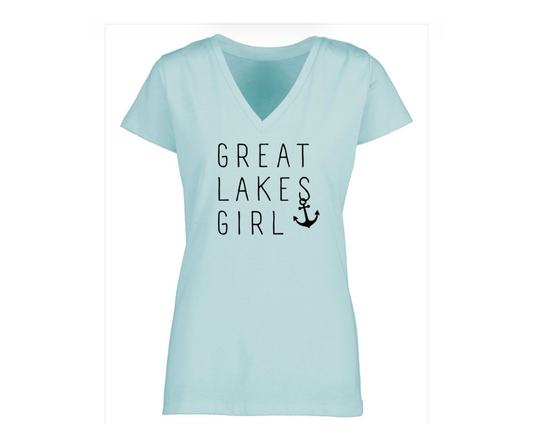 T-Shirt: Vneck-Womans Relaxed Fit- Great Lakes Girl