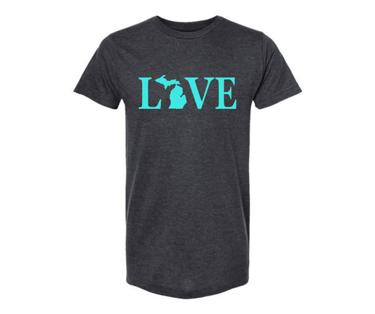 T-Shirt: T3A - Michigan Mint Love Text (H. Graphite)