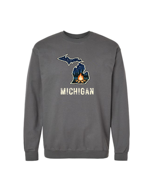 Crewneck: Michigan Map Campfire (Charcoal Grey)