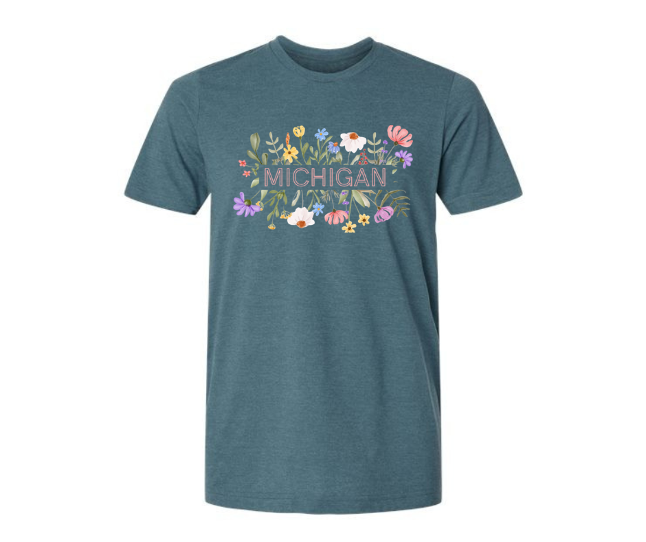 T-Shirt: T97C- Michigan Flowers (H. Deep Teal)