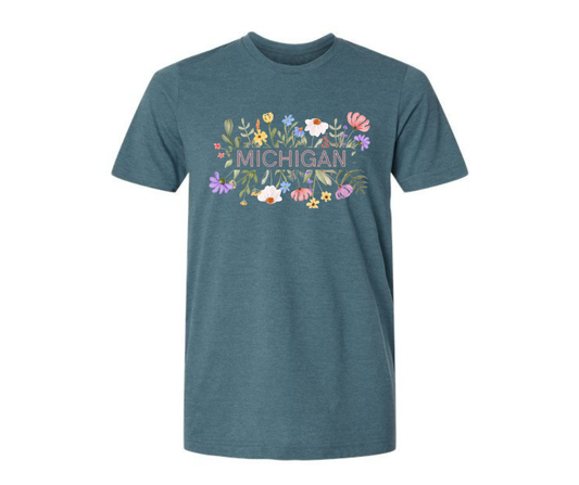 T-Shirt: T97C- Michigan Flowers (H. Deep Teal)