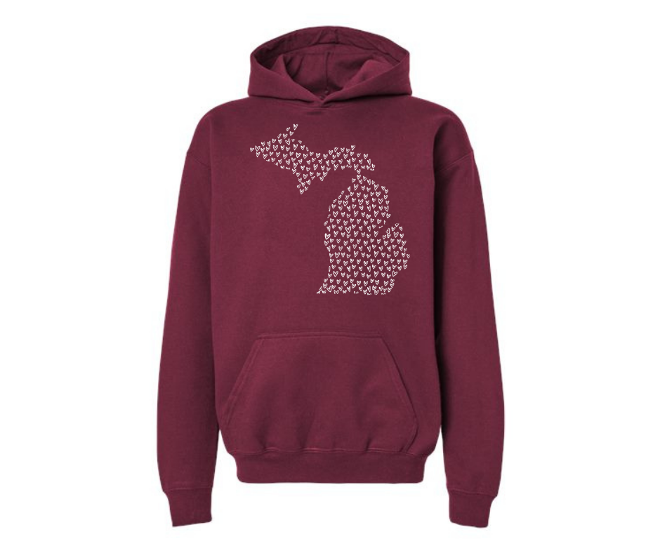 Youth Hoodie: Michigan Hearts (Maroon)