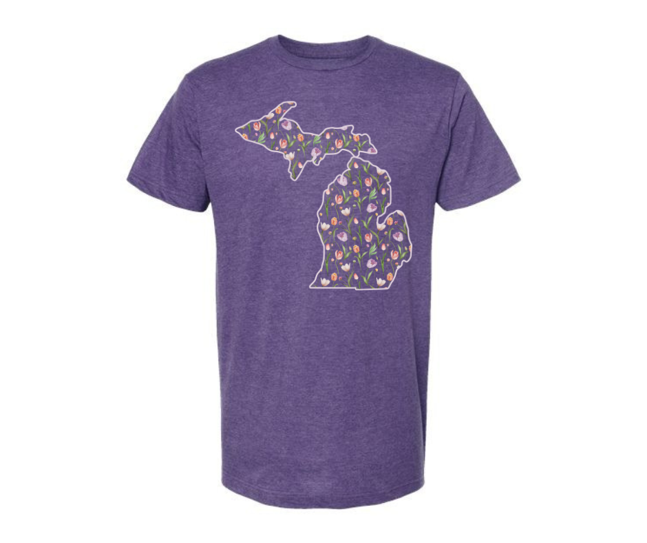 T-Shirt: Michigan Map Tulips (H. Purple)